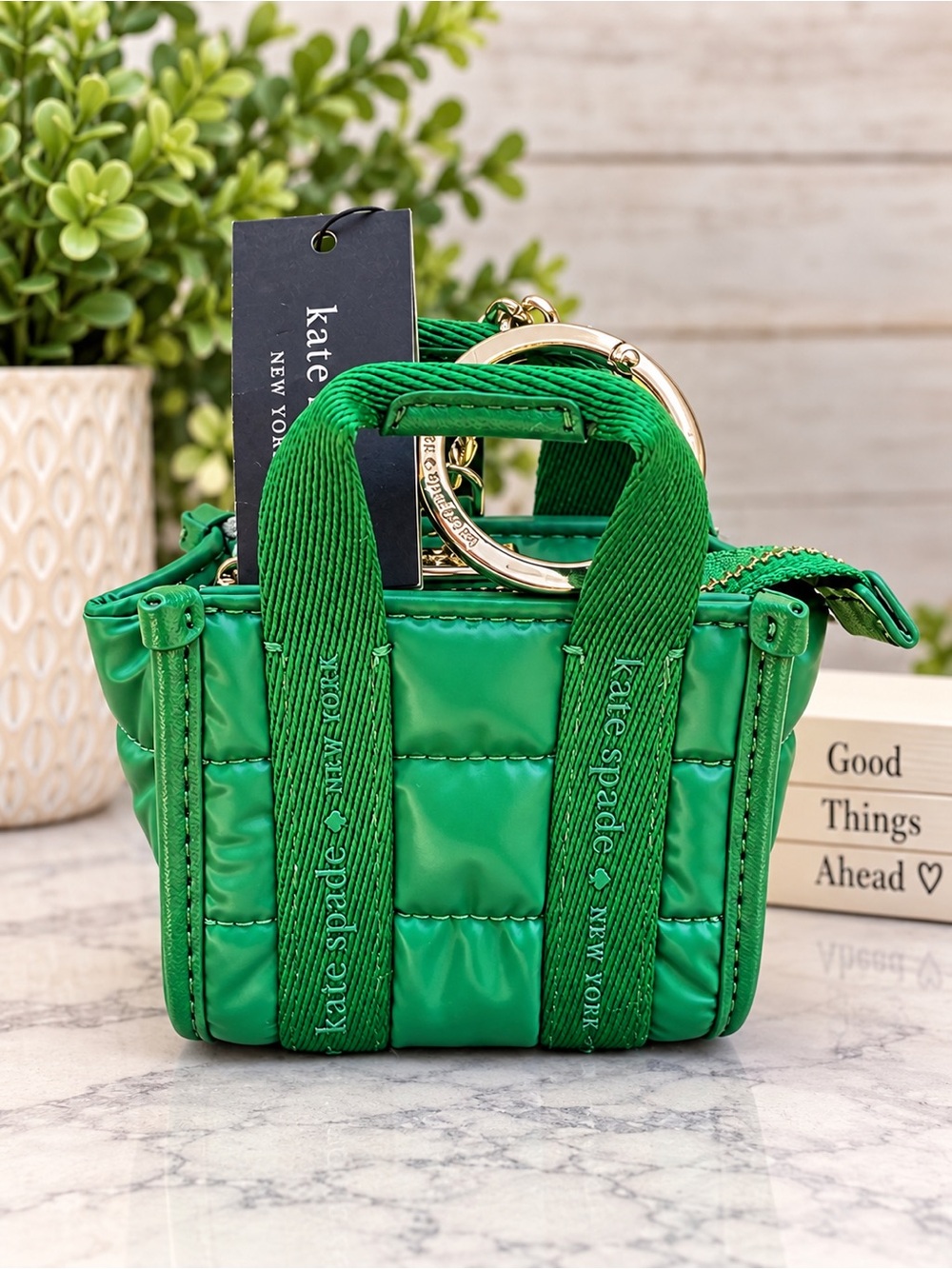 Kate Spade Bag Charm/Keychain: Green Quilted Mini Tote NWT